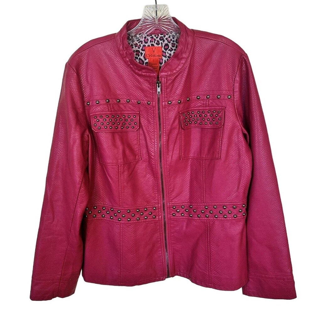 Vintage 1990s Y2K Hot Pink Faux Leather Jacket Med Studded Animal Print Zip Up